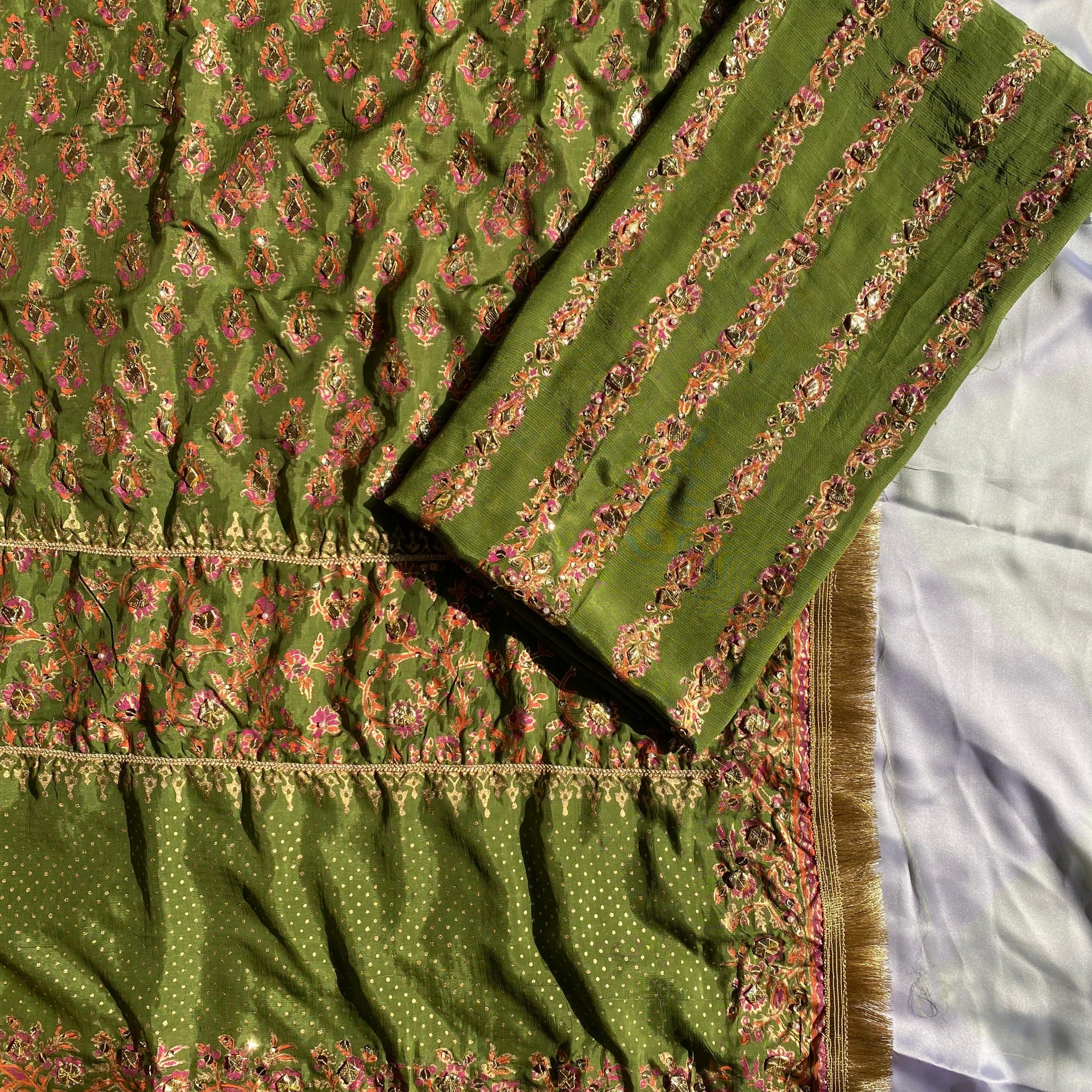 Olive Heirloom – Embellished Grace in Raw Silk