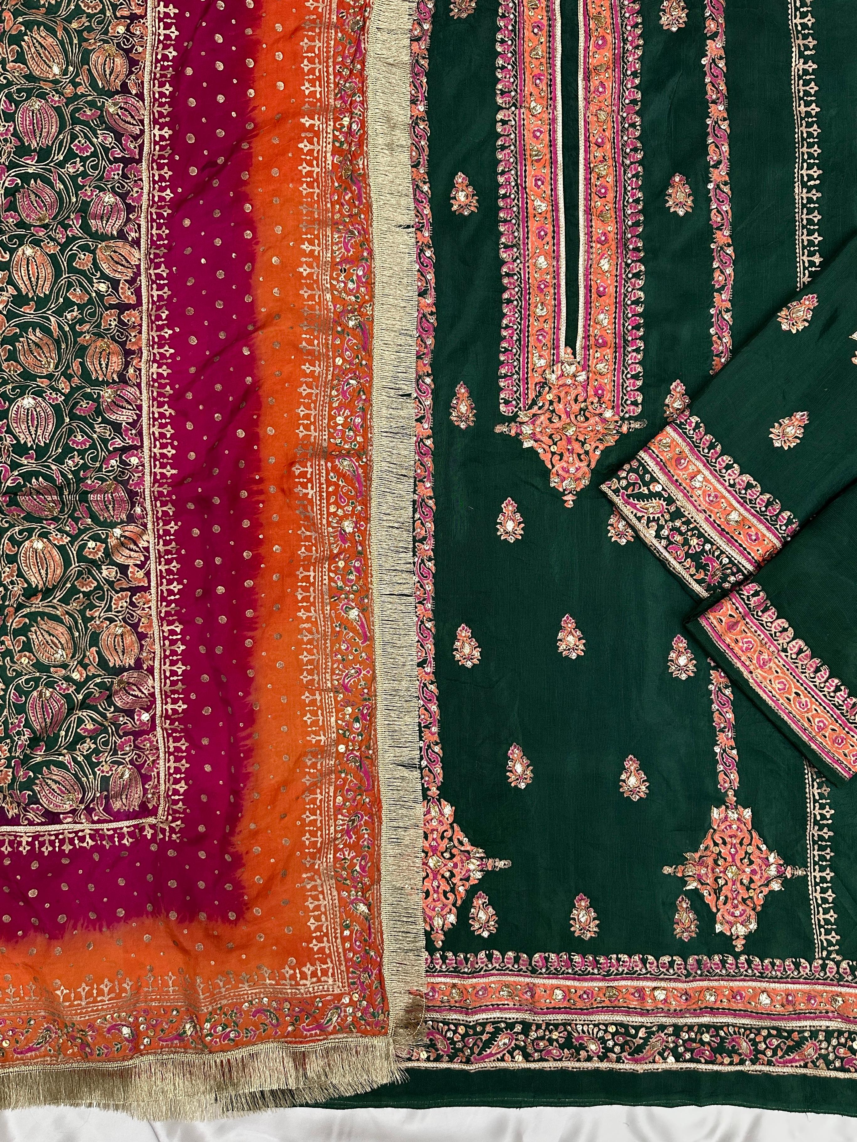Forest Bloom – Embellished Elegance in Raw Silk