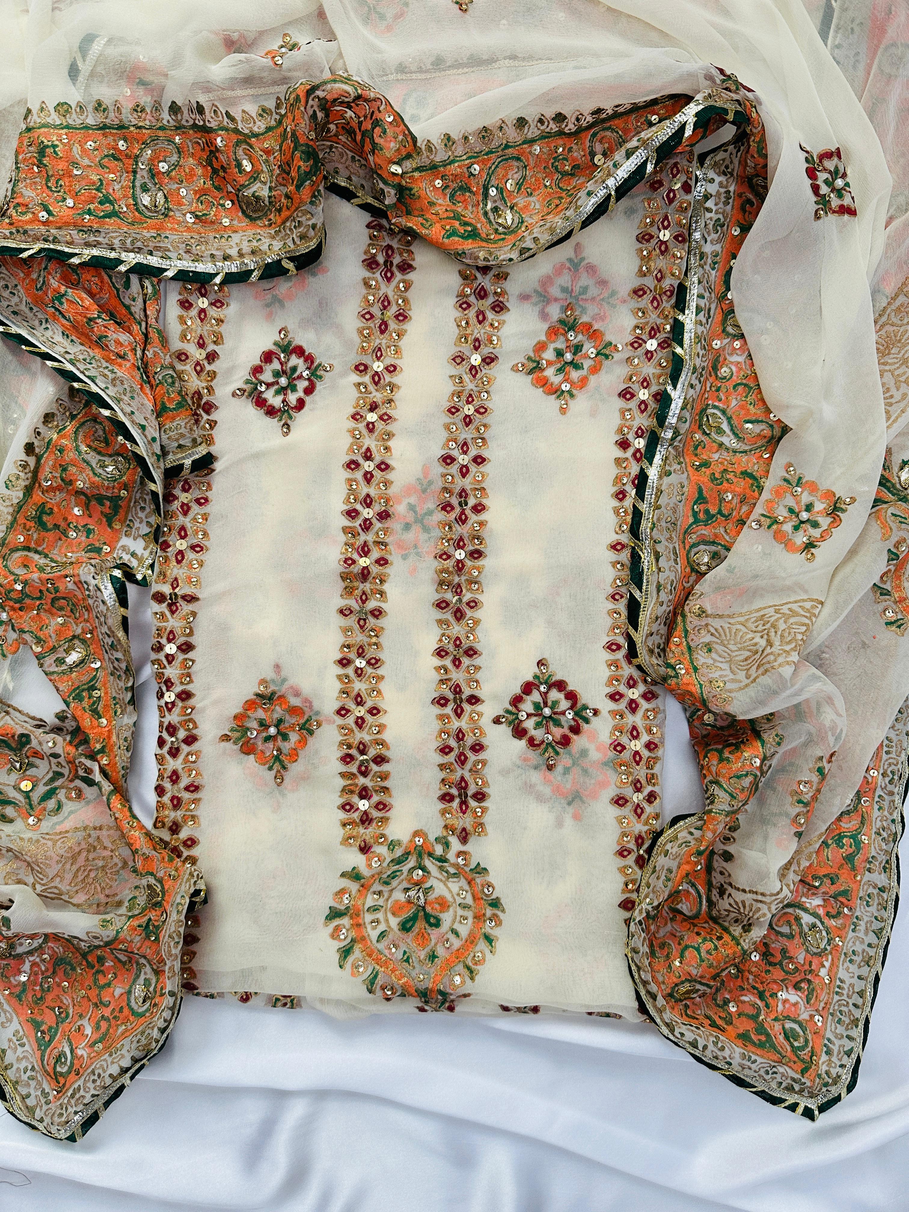 White Cream Embellished Chiffon Set