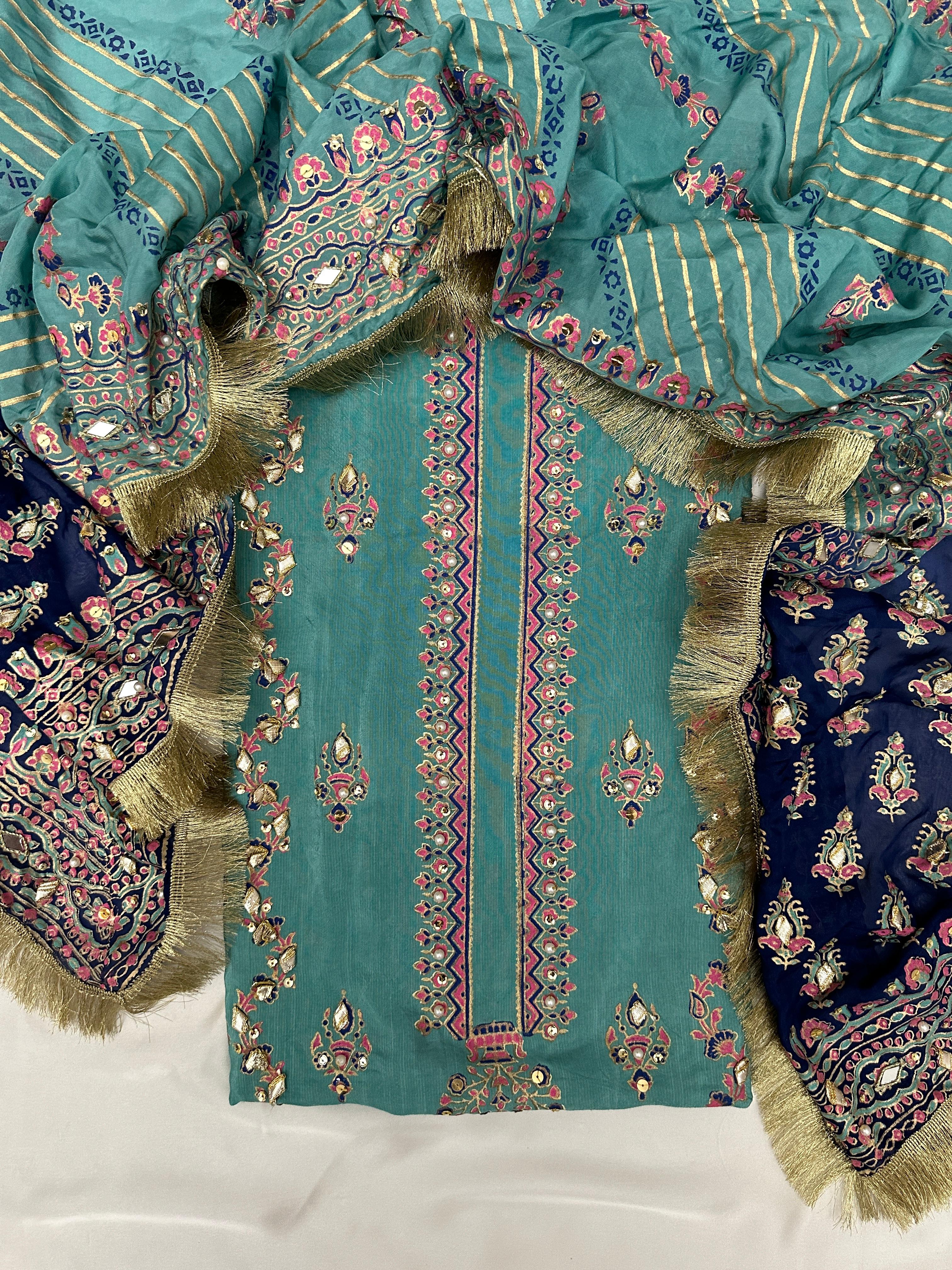 Aqua – Hand Embellished Raw Silk Ensemble