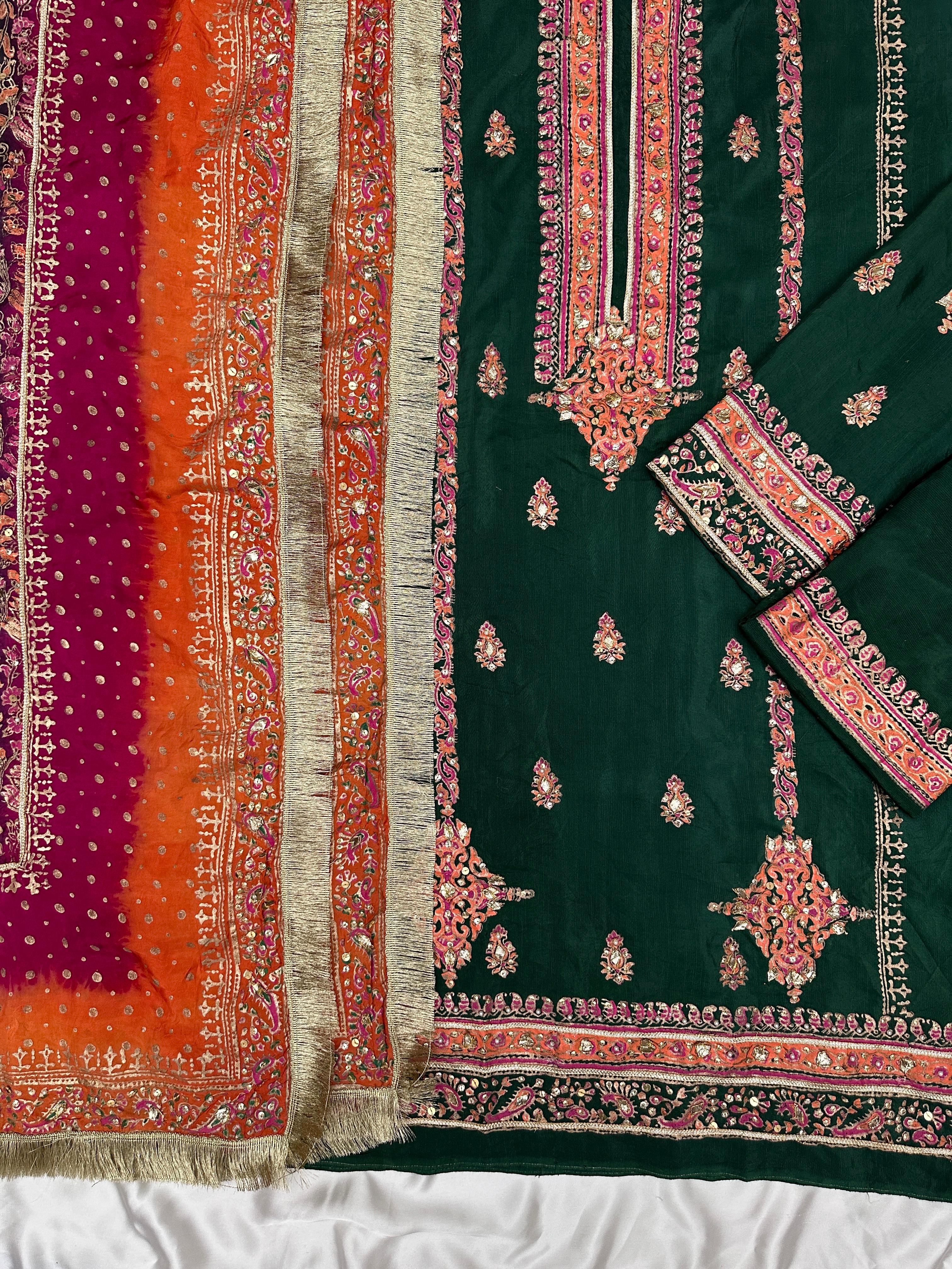 Forest Bloom – Embellished Elegance in Raw Silk