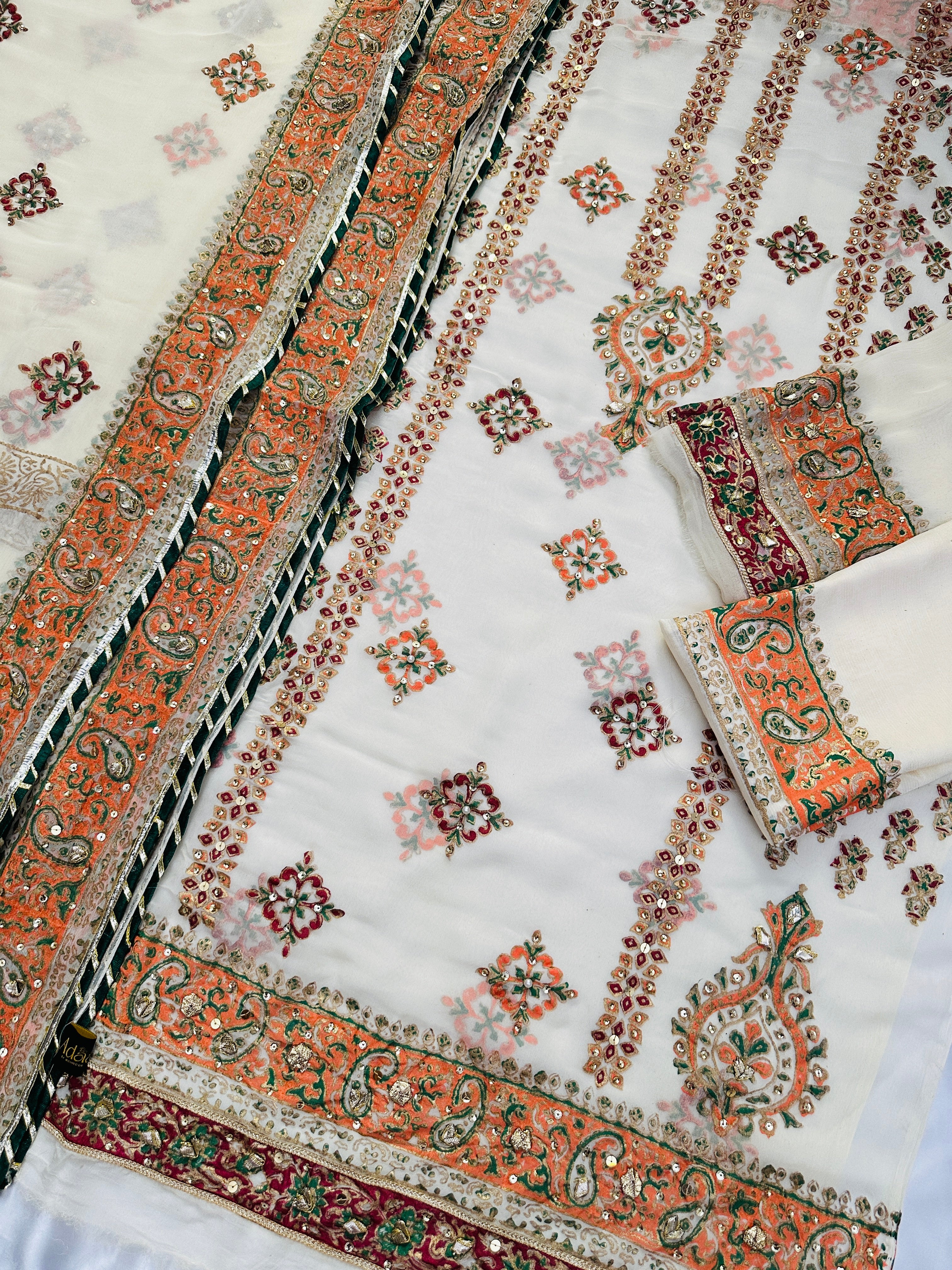 White Cream Embellished Chiffon Set