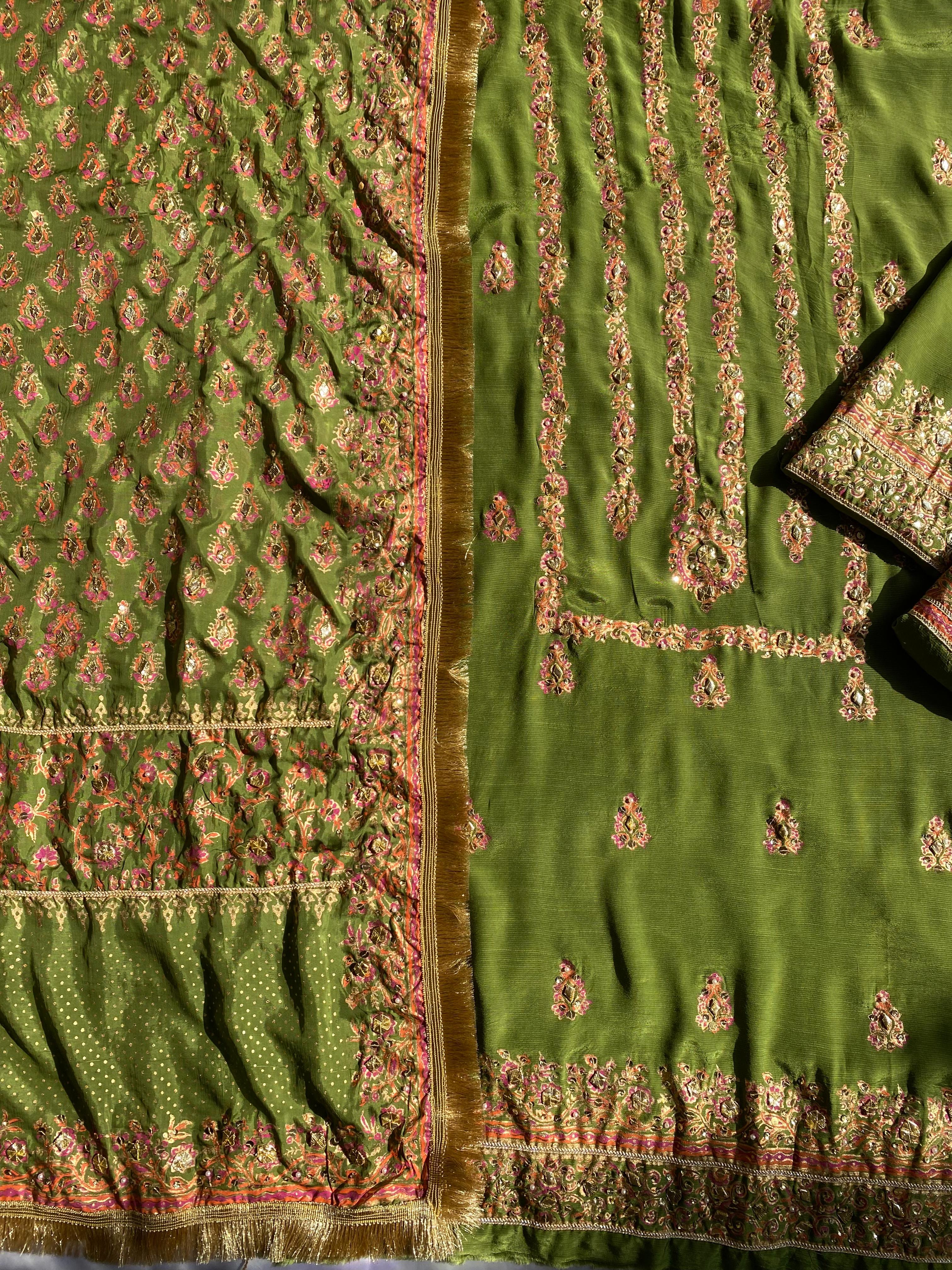 Olive Heirloom – Embellished Grace in Raw Silk