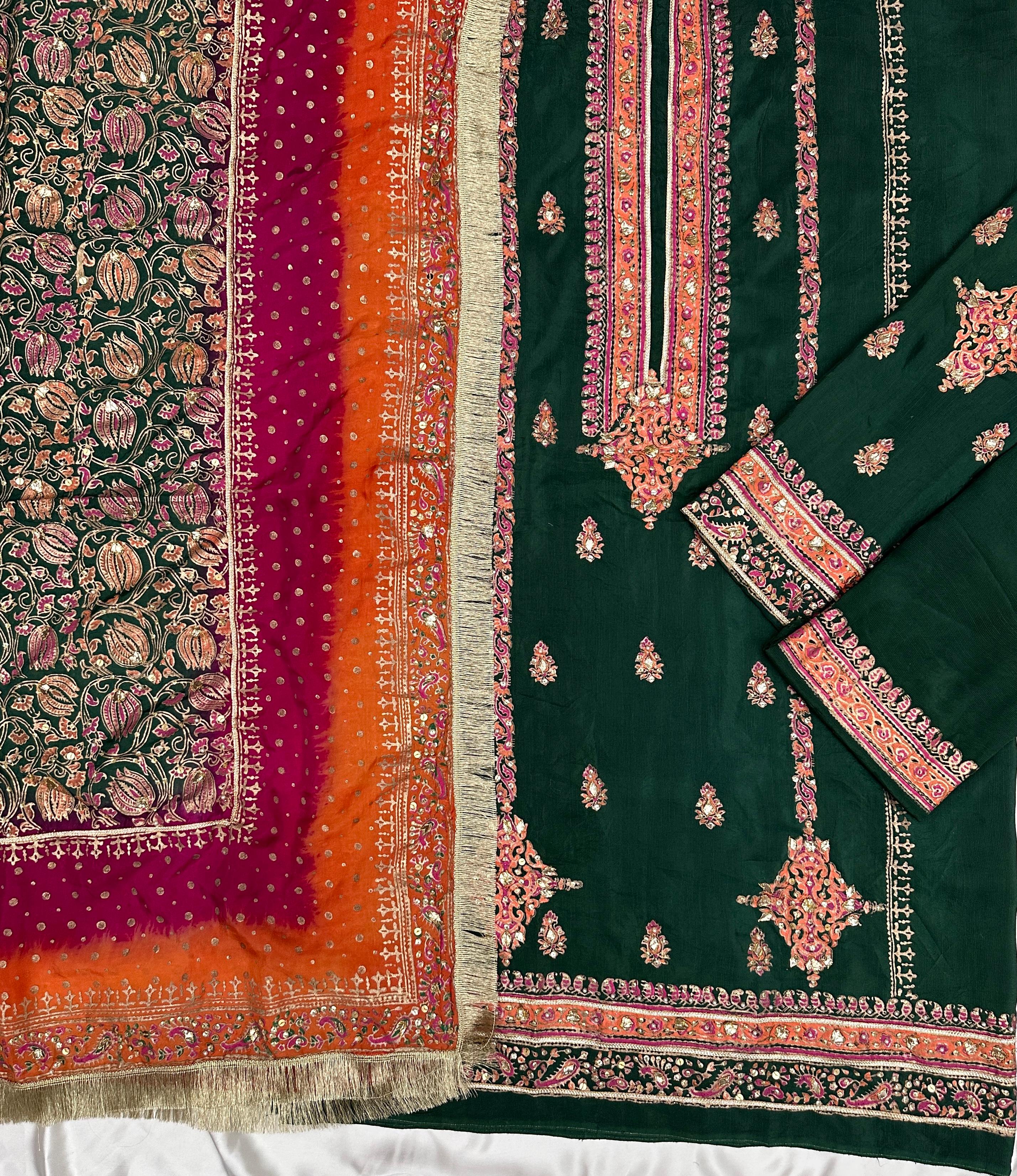Forest Bloom – Embellished Elegance in Raw Silk